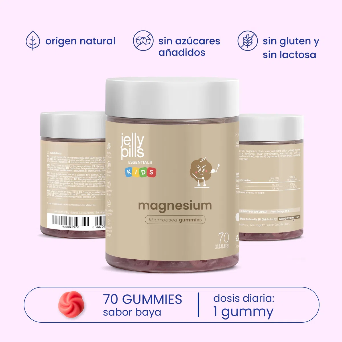 Jelly Pills Gominolas Citrato de Magnesio Niños con Vitamina B6-70 Gummies Veganas para 2 meses - Sin Azúcares Añadidos - Sabor Frutos del Bosque Natural - Para Cansancio Fatiga Músculos y Sueño