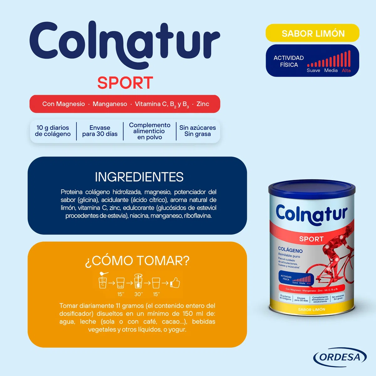 Colnatur Sport Limón, Colágeno con Magnesio, Zinc y Vitamina C para Músculos, Huesos y Articulaciones, 360g