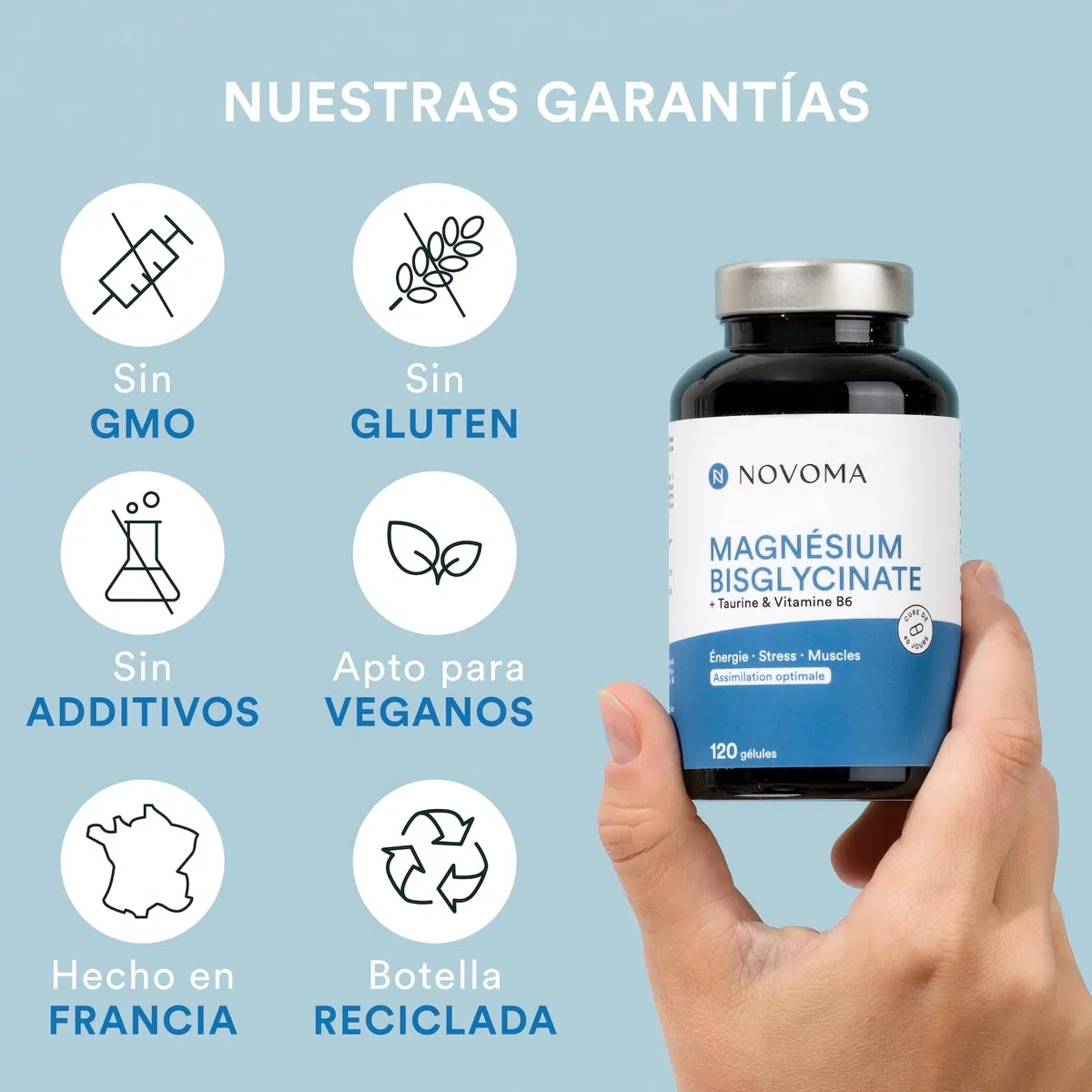 Magnesio 300 mg con Taurina y Vitamina B6 | Alta Dosis | Bisglicinato de Magnesio Biodisponible | Antifatiga y Antiestrés | 120 Cápsulas | Fabricado en Francia | NOVOMA (ex Nutrivita)