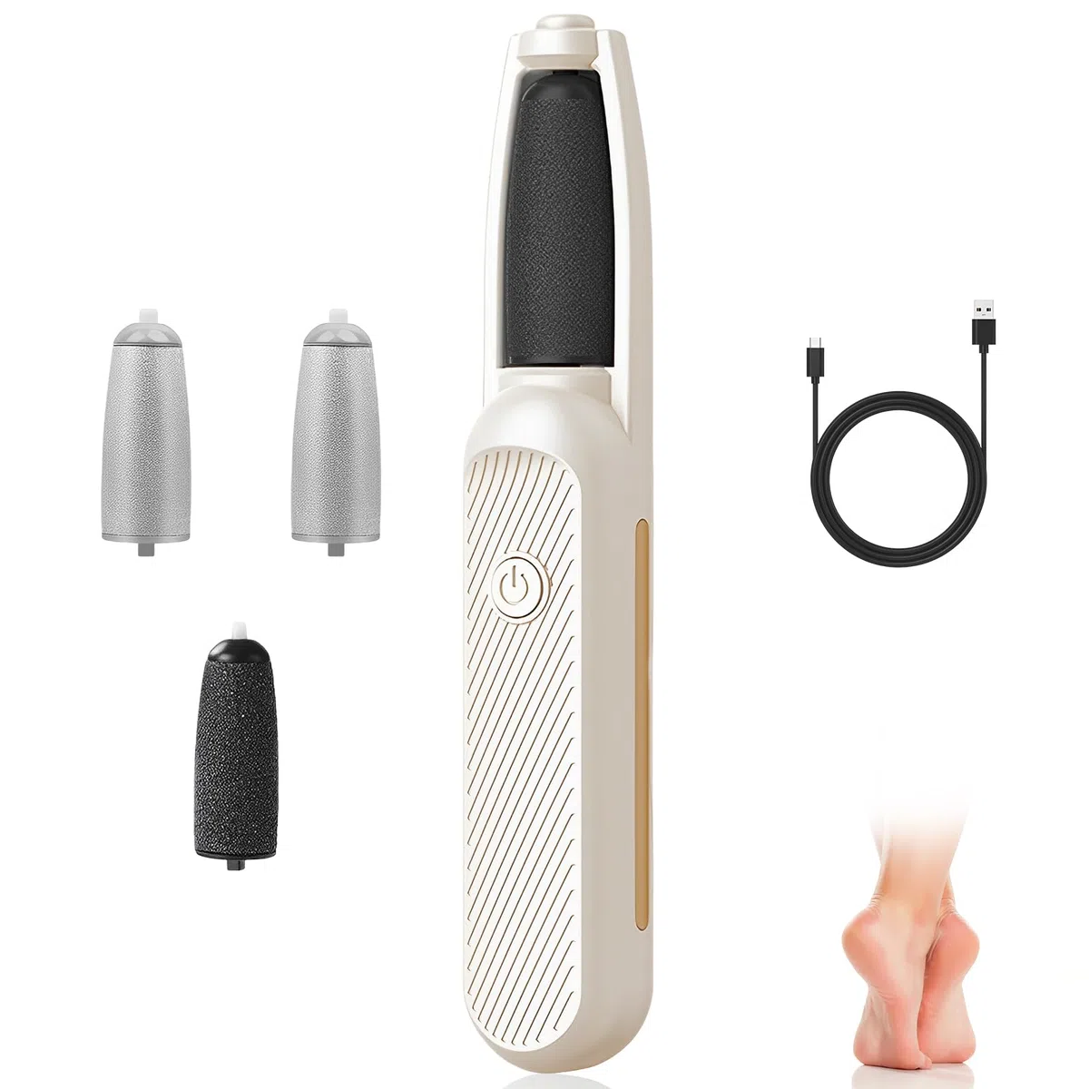 Lima Electrica Pies Durezas, Viene con Cable de Carga USB y 4 Rodillos Reemplazables, Set Pedicura, Quita Callos Pies 3 Velocidades Blanco, Amoladora de Pies Electrica