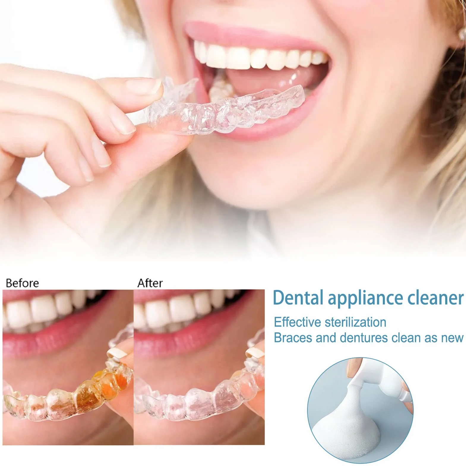 Espuma Limpiadora de Aparatos Ortopédicos Dentales, Espuma Limpiadora para Limpiar, Bacterias Enfermas, Blanquear los Dientes y Combatir el Mal Aliento, Suero para Eliminar
