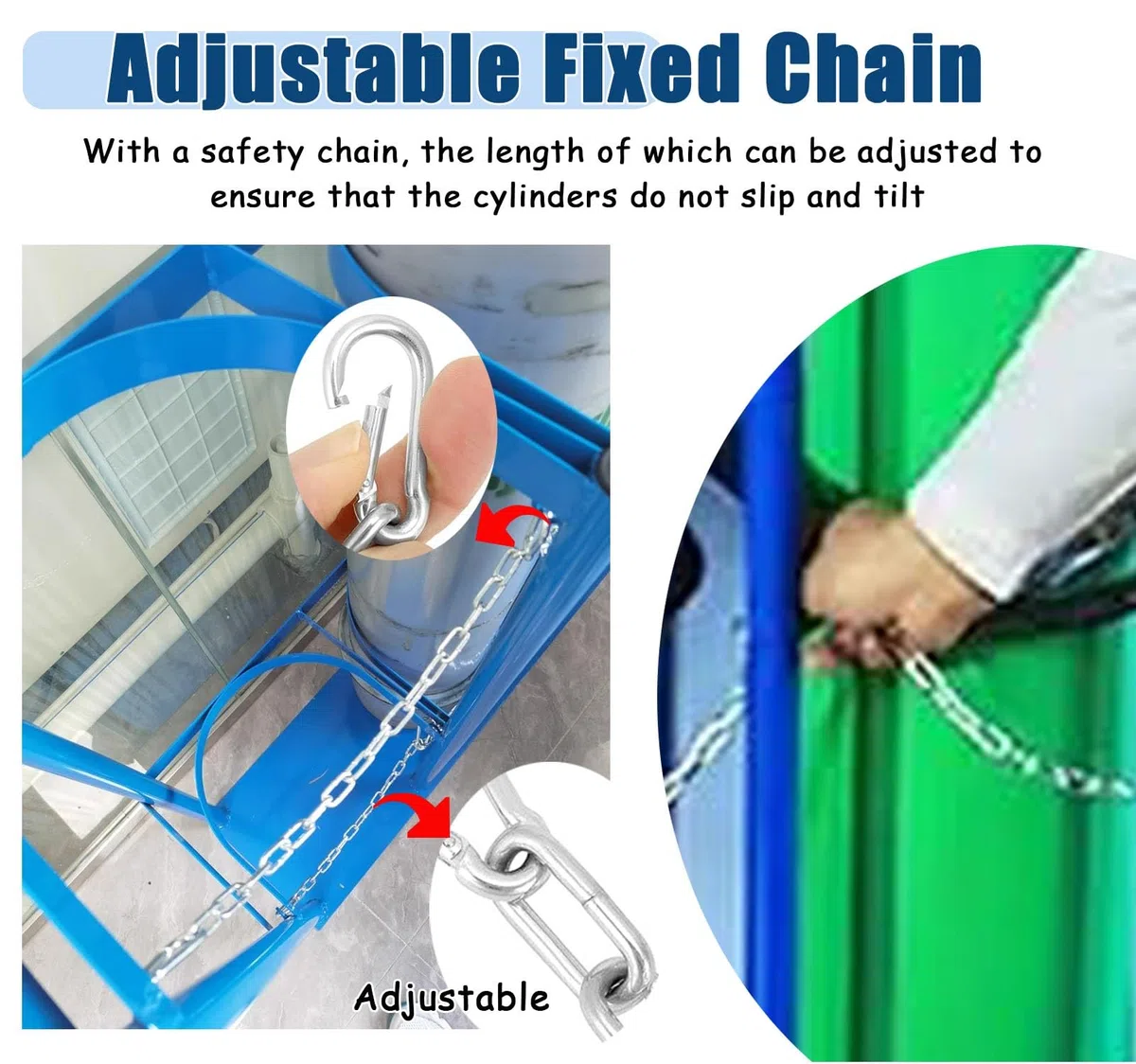 Soporte de tanque de oxígeno resistente, estante de cilindro de gas de acero de 40 L con cadena de seguridad, soporte de botella de soldadura comercial para hospital, ajustable de 27 a 96 cm de ancho
