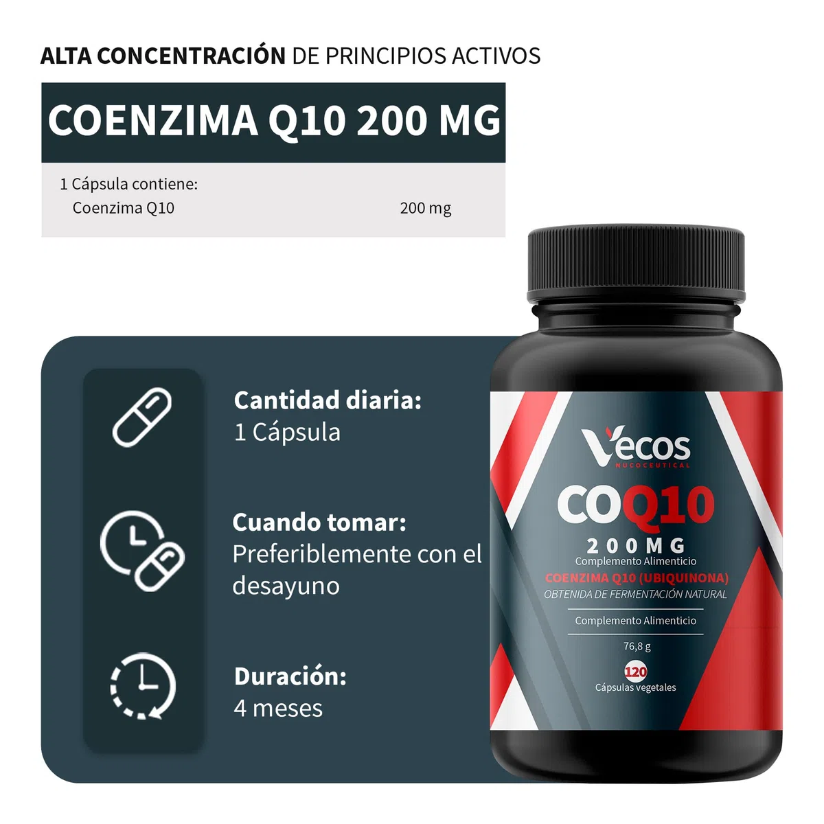 Coenzima Q10 200mg Vegana – Ubiquinona Fermentada Natural de Alta Absorción – 120 Cápsulas – Energía Celular, Sistema Inmune, Antioxidante Antiedad (120 Cápsulas (1 Bote))