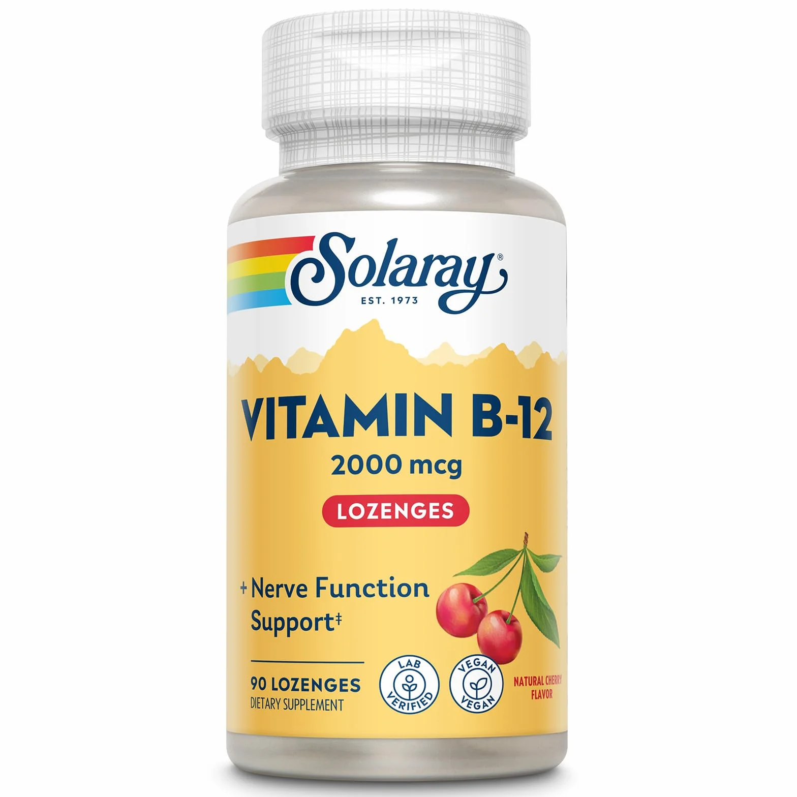 SOLARAY Vitamina B-12 2000mcg | Sabor a cereza natural sin azúcar | Energía saludable y soporte de glóbulos rojos | Sin Gluten | Apto Para Veganos | 90 Lozenges