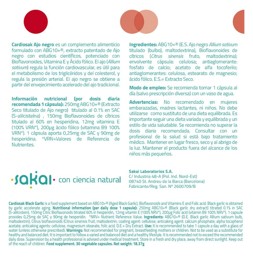 Sakai Cardiosak Ajo Negro | ABG10+ con Bioflavonoides, Vitamina E y Ácido Fólico | Apoyo Cardiovascular, Colesterol y Triglicéridos | Sin Olor ni Sabor