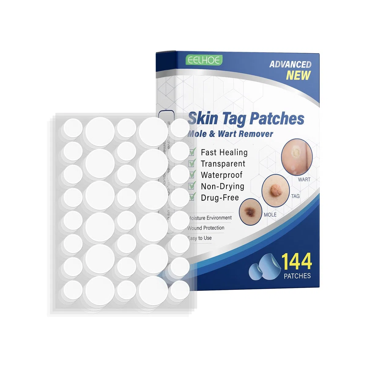144pcs placa de verruga elimina el parche lunares de carne de verruga, lunares negros, limpieza y cuidado, pecas, parches helosis