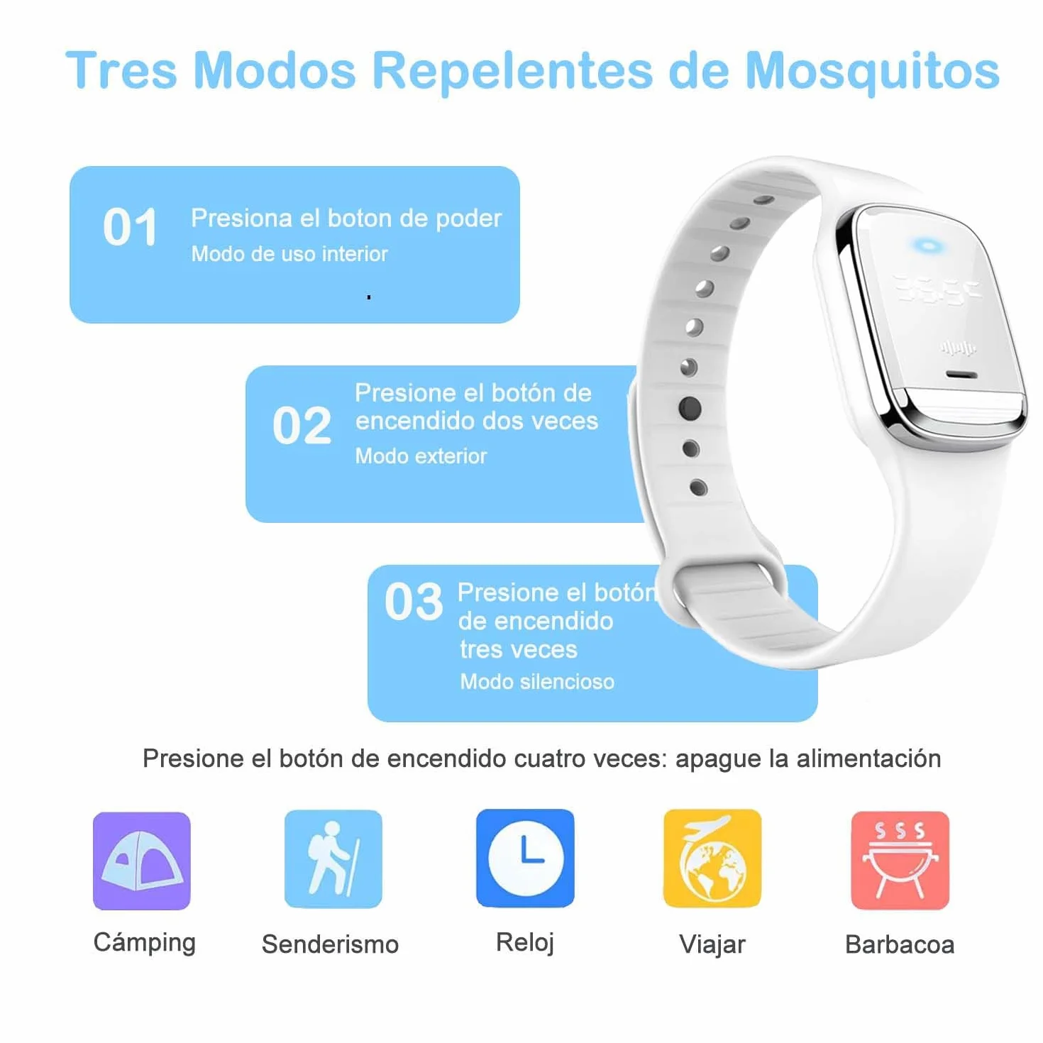 Pulseras Repelentes para Mosquitos, Visualización de la Temperatura Corporal y Reloj Anti Mosquitos Recargable USB Ultrasónico Impermeable Interior y Exterior Adultos Niños Blanco