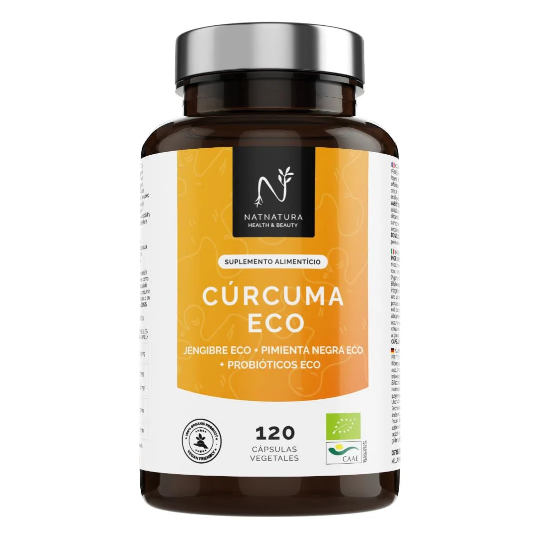 Cúrcuma con Jengibre y Pimienta Negra + Probióticos Eco. Cúrcuma Eco en cápsulas (2235 mg) con alta concentración de Curcumina. Potente Antiinflamatorio natural. Cúrcuma orgánica.120 cápsulas.