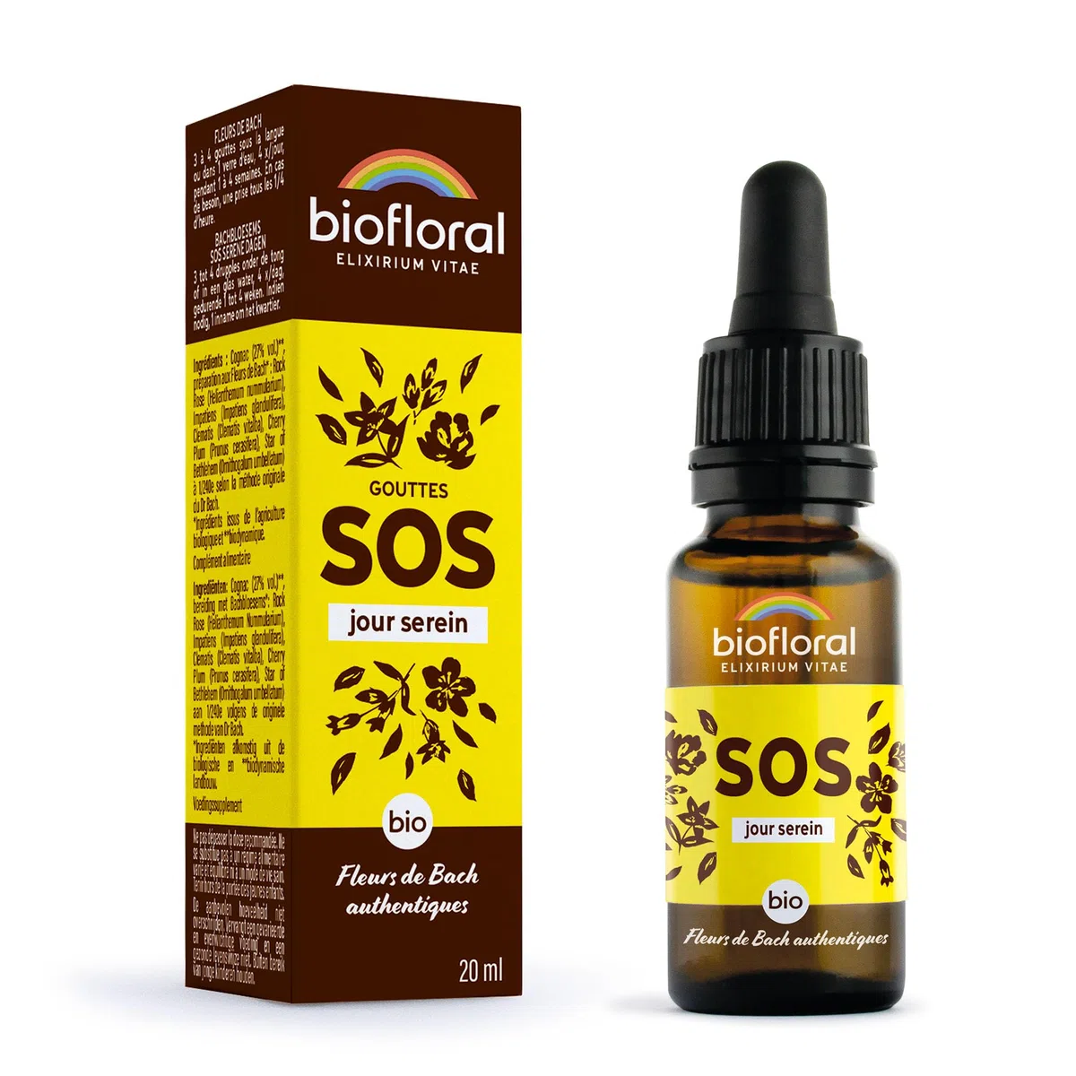 BIOFLORAL - SOS de rescate diurno sereno orgánico DEMETER - Soporte emocional - Flores de Bach auténticas - Gotero 20 ml