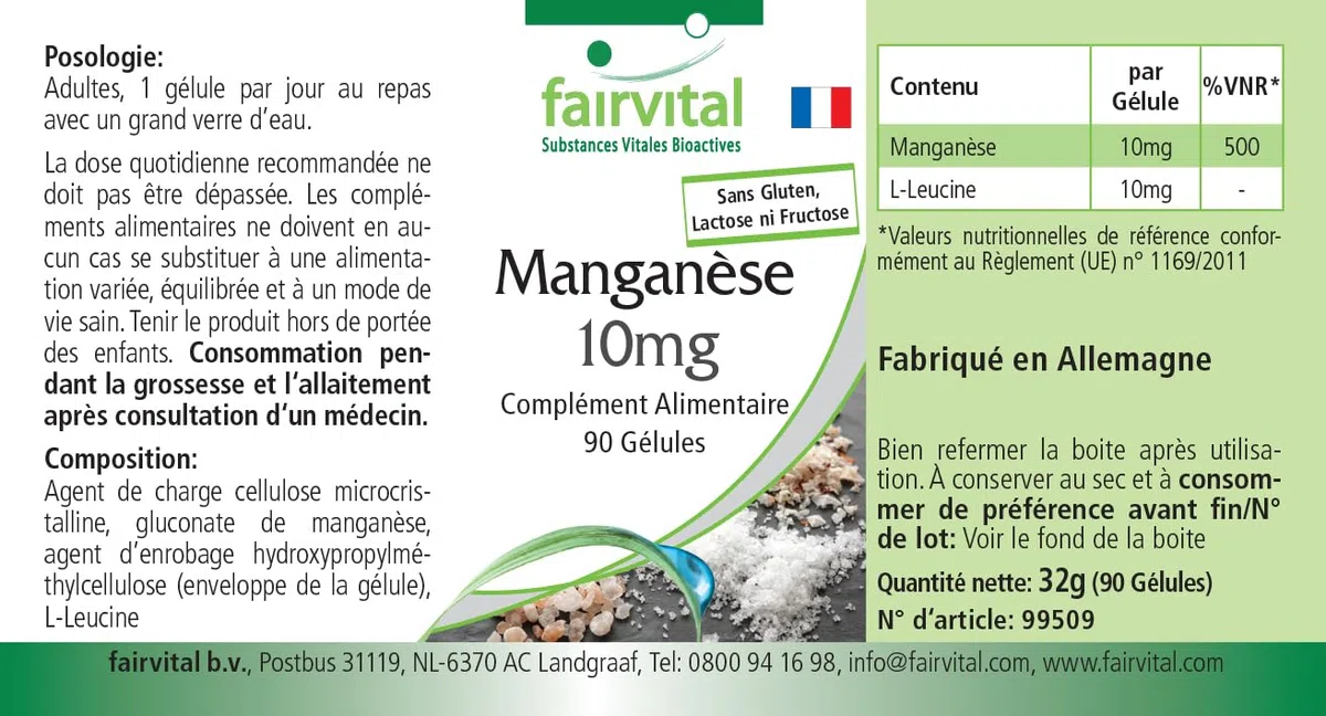 Fairvital | Manganeso 10mg - Dosis elevada - VEGANO - Oligoelemento esencial - 90 Cápsulas - Calidad Alemana