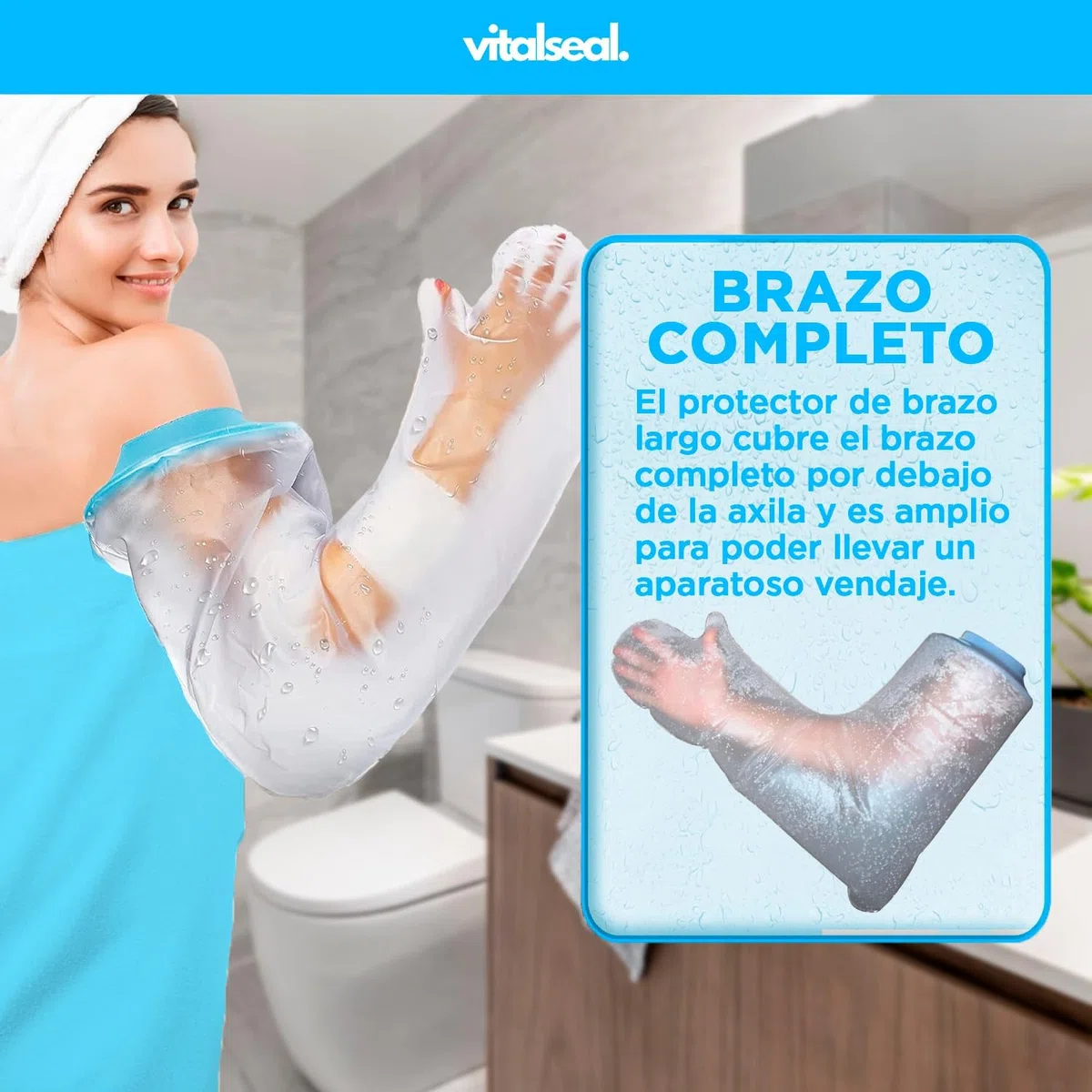 Protector Escayola Brazo Completo Adulto, Cubre Vendaje Impermeable para Ducha Piscina Reutilizable Adaptable, Funda Mano Picc, Heridas Quemaduras Tatuajes (Brazo Completo)