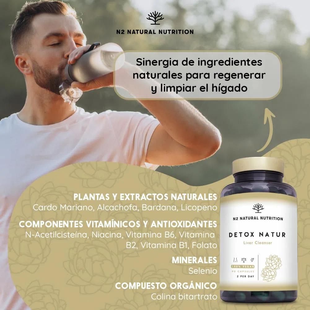 N2 Natural Nutrition Detox depurativo. Cardo mariano, alcachofa, vitamina B (B6, B2, B1), bardana y selenio. Antioxidante, retencion de liquidos. 90 Cápsulas. Vegano.