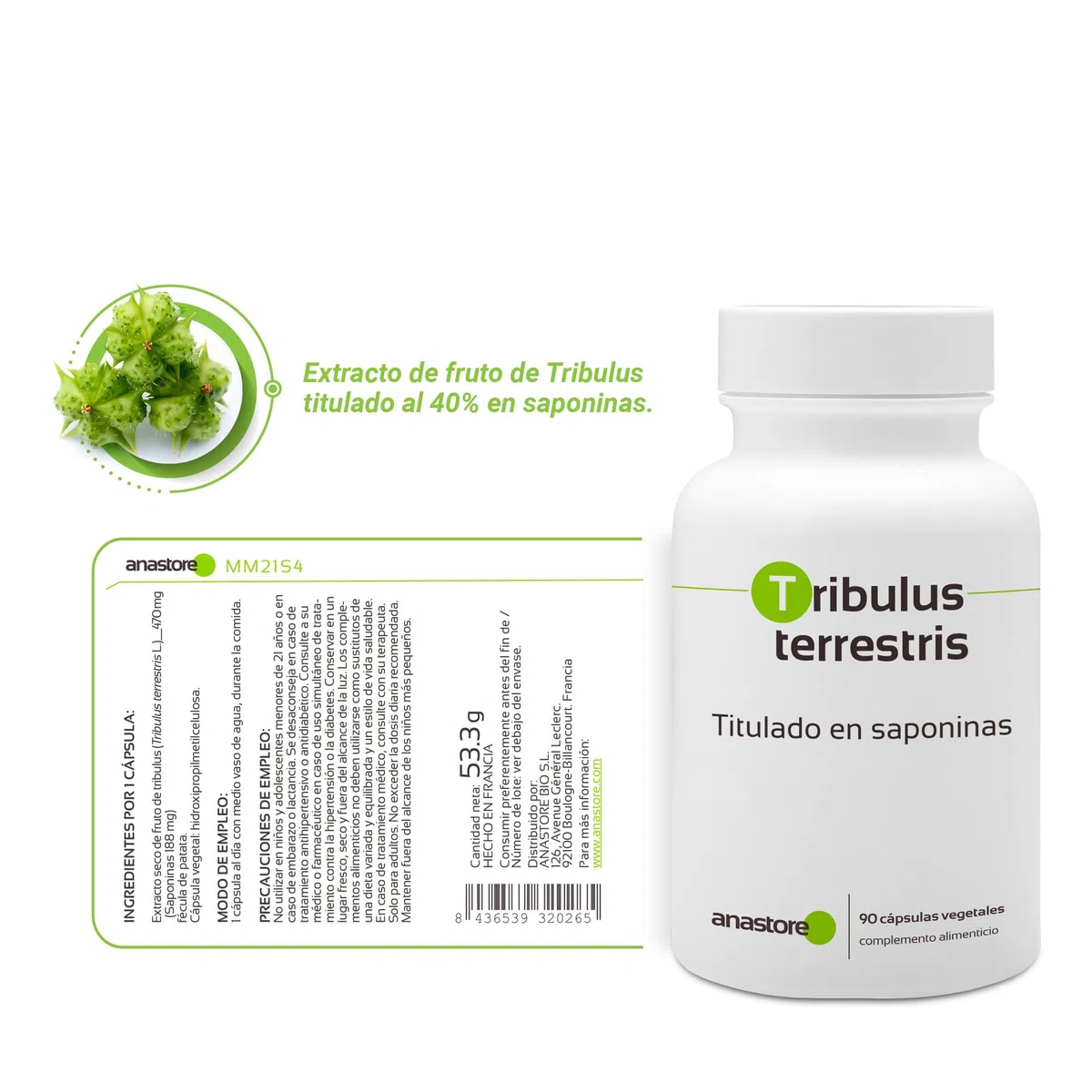 TRIBULUS TERRESTRIS * 470 mg / 90 cápsulas * Titulado al 40% en saponinas * Energia, Rendimiento deportivo, Vitalidad