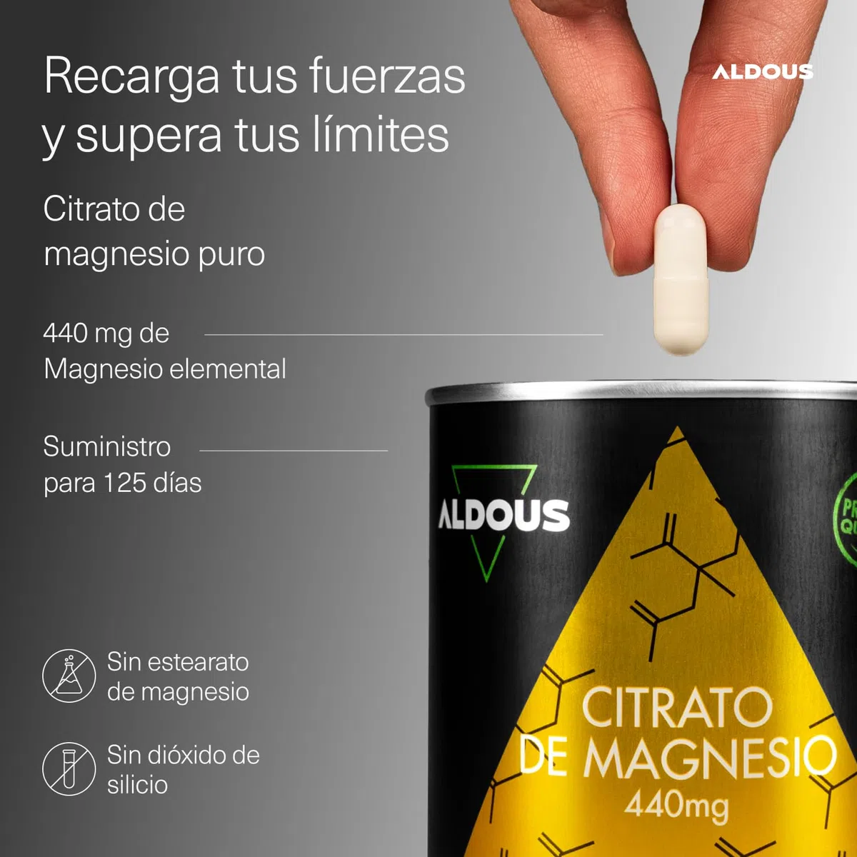 Citrato de Magnesio - 250 Cápsulas - 440 mg de Magnesio Elemental - Magnesio Alta Biodisponibilidad - Para el Cansancio y Fatiga - Huesos y Articulaciones, Músculos - Fabricado España