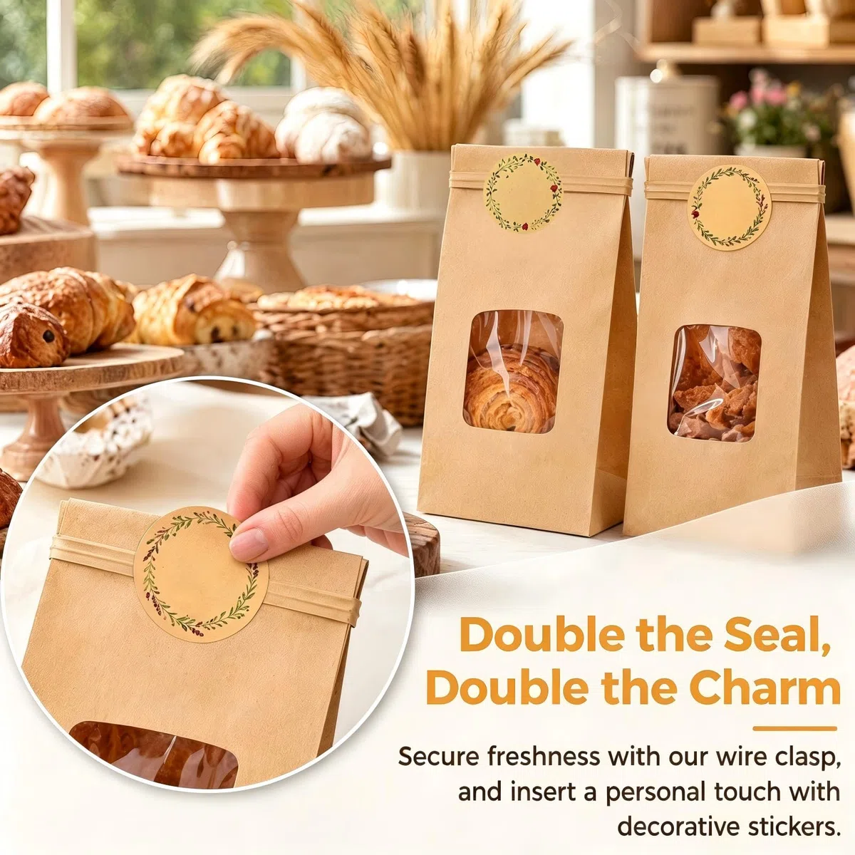 60 Pcs Bolsas para Galletas Pequeñas con Ventana de Papel Kraft 17x9x6cm Bolsas para Dulces Cumpleaños Alambre Autocierre Revestimiento Antigrasa Grado Alimentario Pegatinas Decorativas Anti Rotura