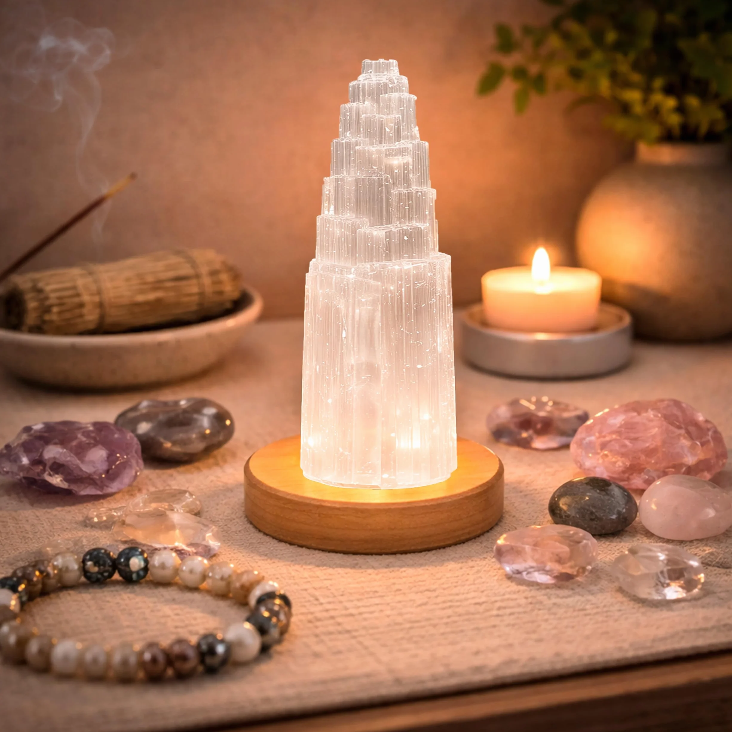 NKlaus Torre de Energía de Selenita 20 cm – Columna de piedra curativa hecha a mano para meditación, reiki y protección – Ideal para armonización de espacios y limpieza espiritual