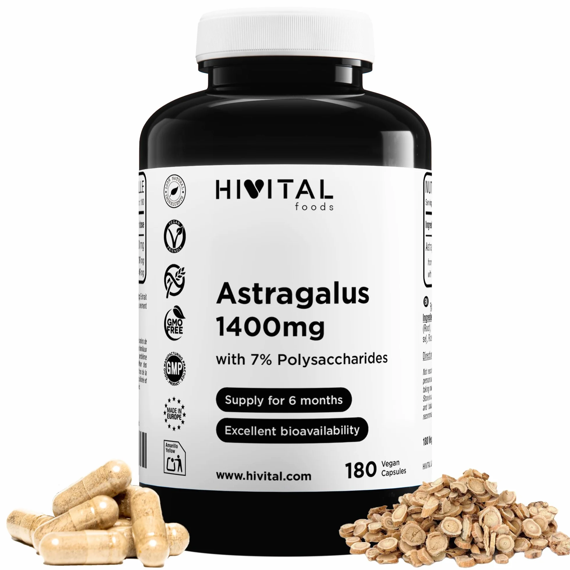 Astrágalo 1400 mg. 180 cápsulas veganas para 6 meses de tratamiento. Extracto Natural de Astragalus con 7% Polisacáridos. Fabricado en España por HIVITAL