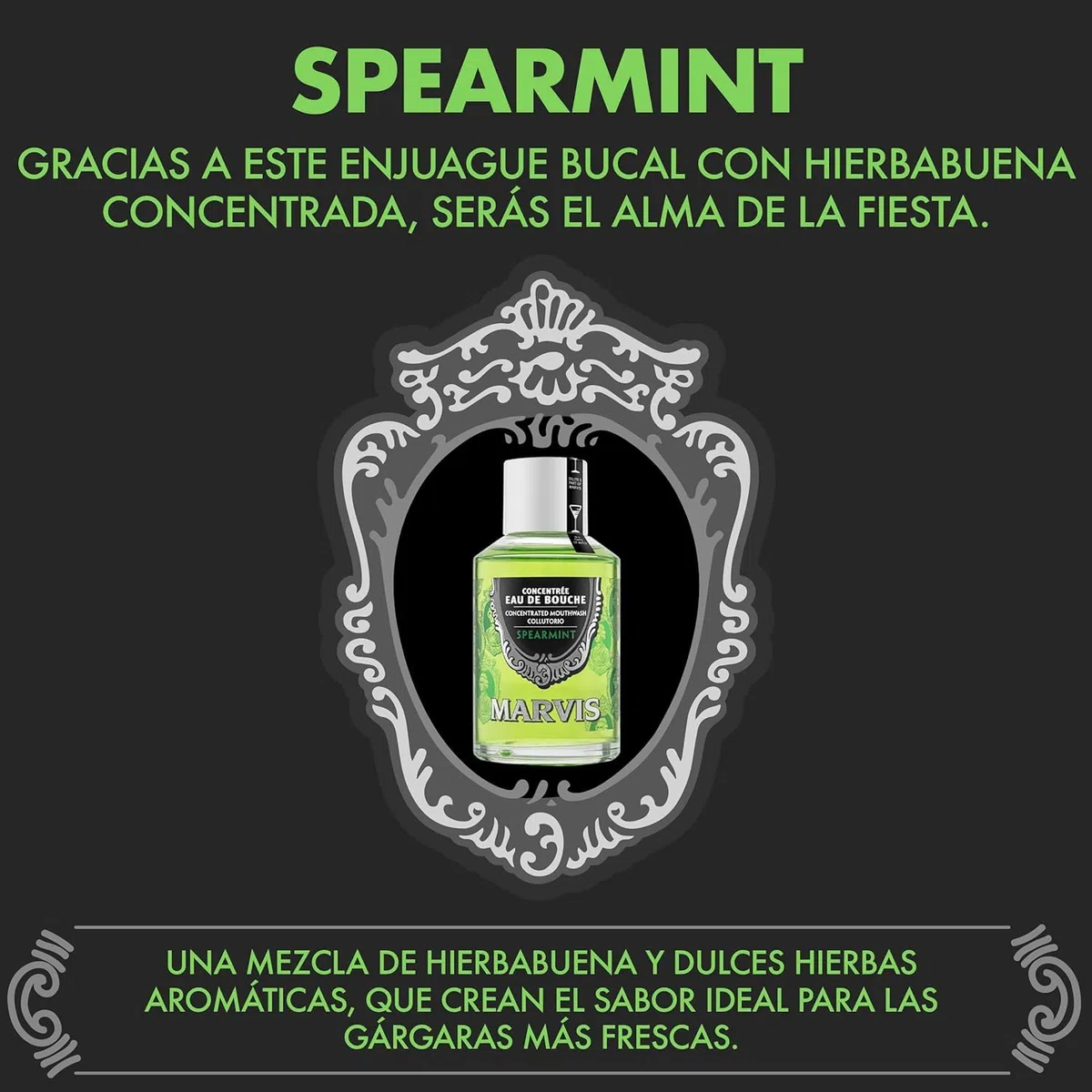 Marvis Enjuague bucal concentrado menta verde, 120 ml, colutorio sin alcohol para un aliento fresco, reduce la acumulación de placa y cuida las encías