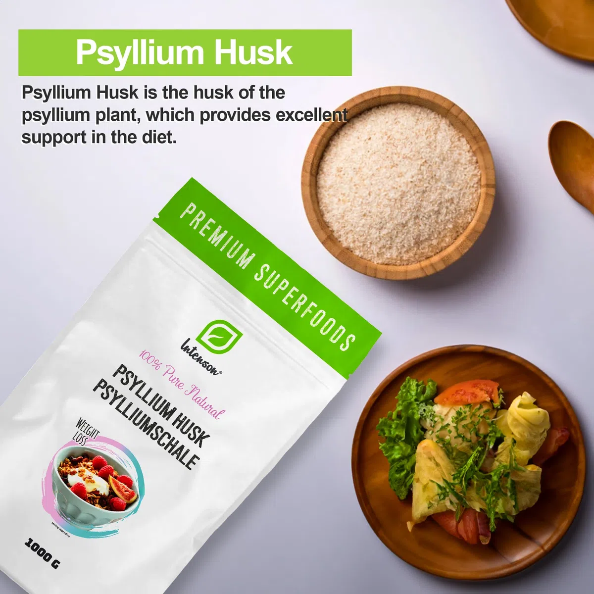 INTENSON Psyllium Husk 1 kg, Cáscara de Semilla de Psyllium Pura y Natural, Alta en Fibra, Ideal para Mezclar con Agua, Bebidas y Zumos, Apta para Vegetarianos y Veganos