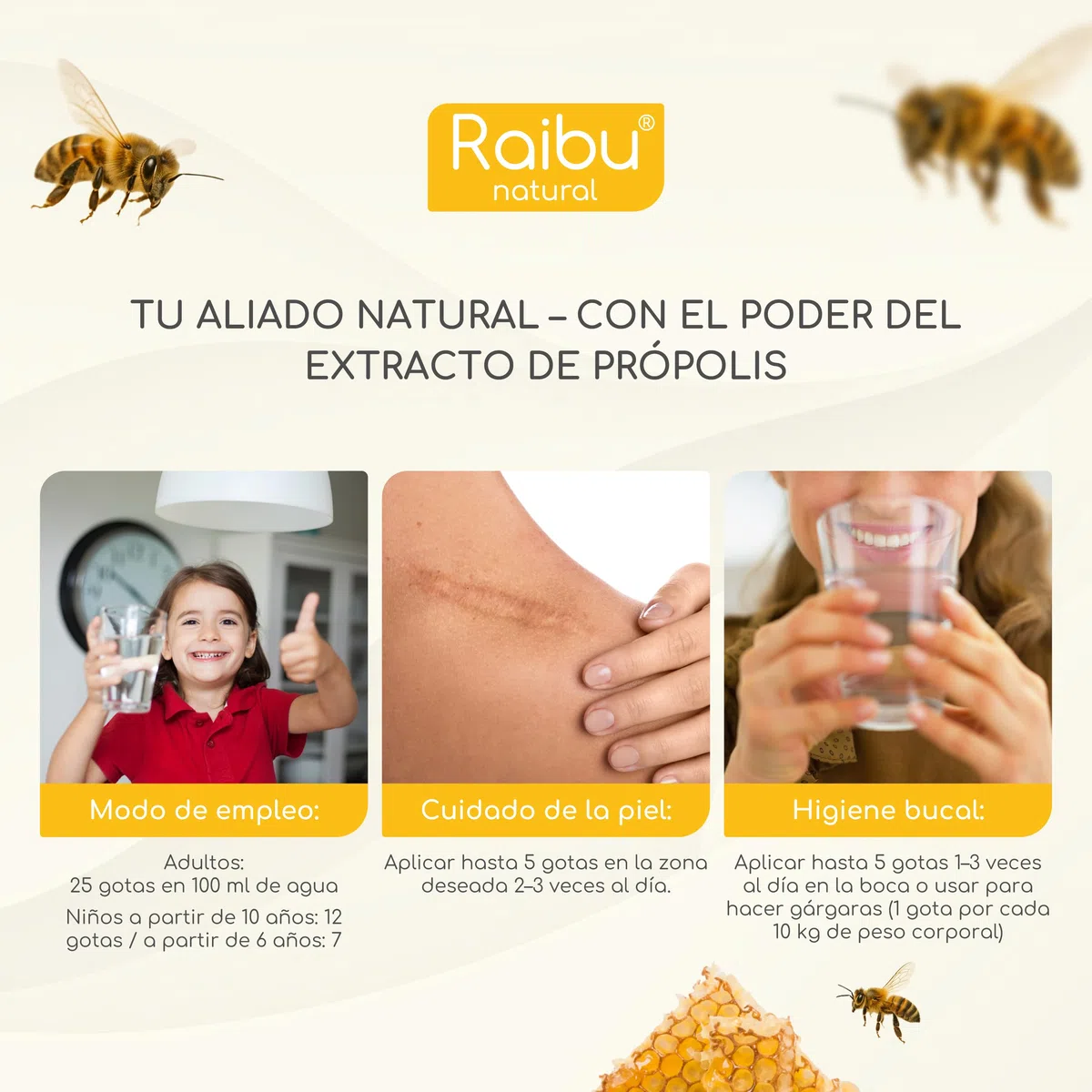 Propolis Puro Natural con Vitaminas C, A y E - Extracto de Propóleo Sin Alcohol ni Resinas - Própolis Apto para Adultos y Niños desde 6 Años - Fácil y Versátil de Usar, 50 ml
