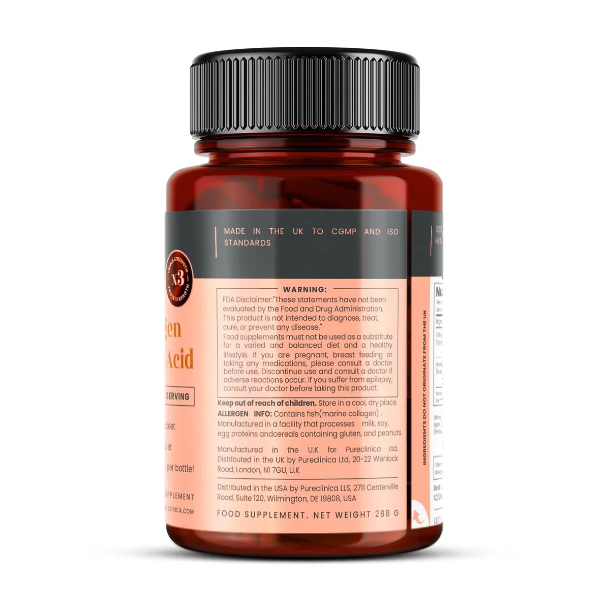 1500 mg x 720 comprimidos. 1200 mg de colágeno UltraColl y 300 mg de ácido hialurónico por tableta. (4 frascos de 180 comprimidos cada uno - suministro para 12 meses)