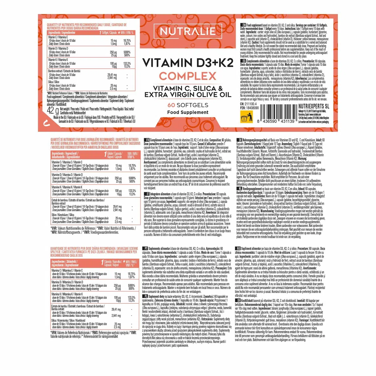 Vitamina D3 y K2 10000 UI - Vitamina D Alta Dosis | Sistema Inmunitario Huesos Músculos | D3 K2 MK7 Natural con Vitamina C y Aceite de Oliva Virgen Extra | 60 Softgel Nutralie