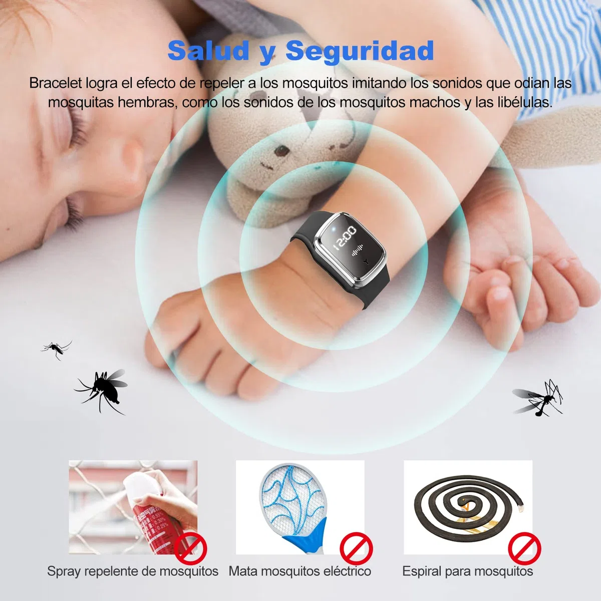 Pulseras Repelentes de Mosquitos Visualización de Temperatura y Tiempo, Impermeable Ultrasónico USB Recargable Anti Mosquito Watch para Interior Exterior Adultos Niños Negro
