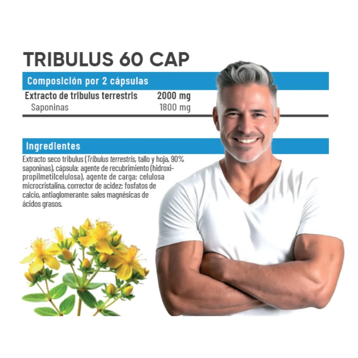 Tribulus 2000mg 60 Cápsulas – Tribulus Terrestris 90% Saponinas Ultra Concentrado – Suplemento para Mantenimiento de Masa Muscular, Fuerza y Vitalidad Masculina Normal