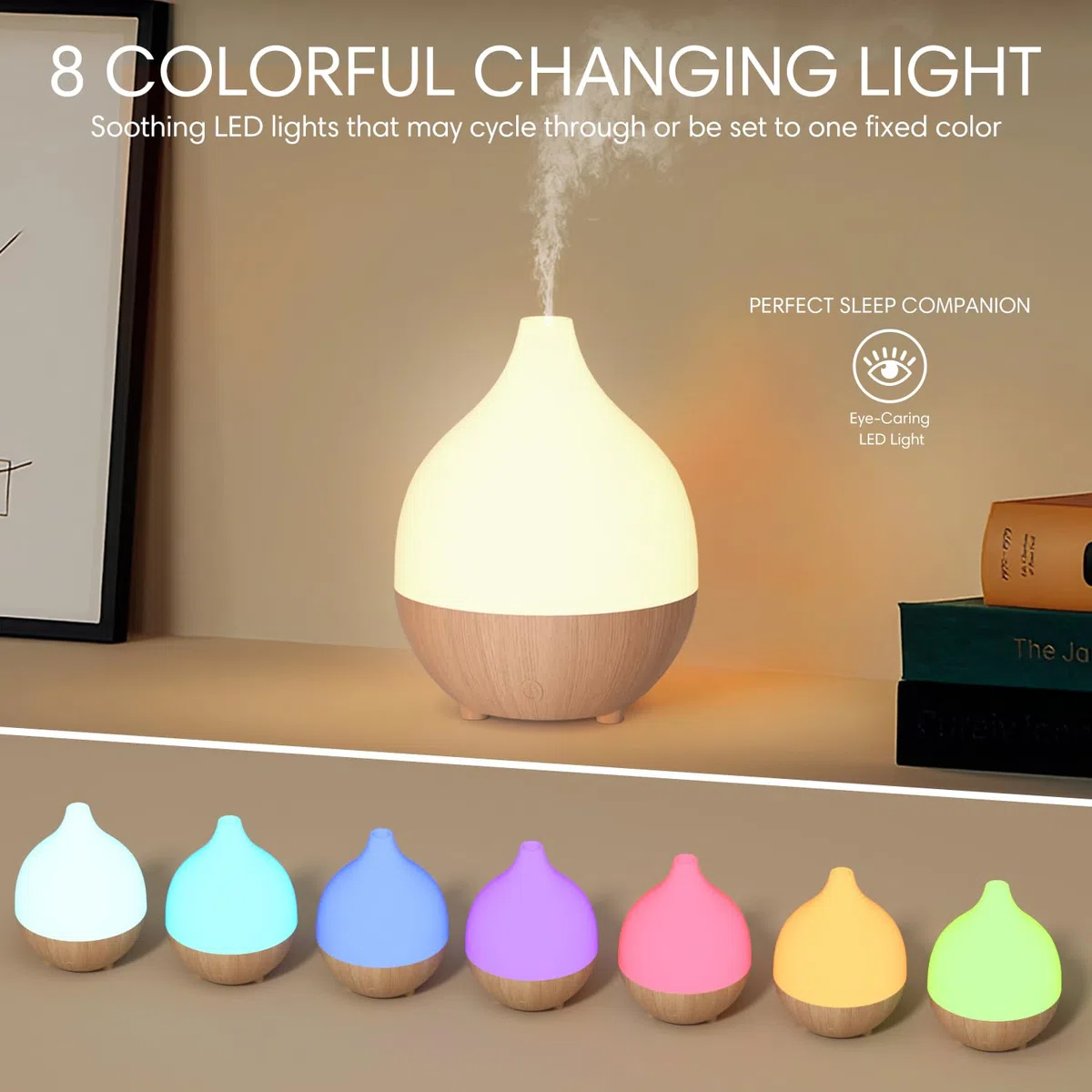 SALKING Difusor Aceites Esenciales, Humidificador Aceites Esenciales Ultrasónico para Aromaterapia, Difusor de Aromas 8 LED sin BPA, Apagado Automático, para Hogar y Oficina, Madera Clara 100ml