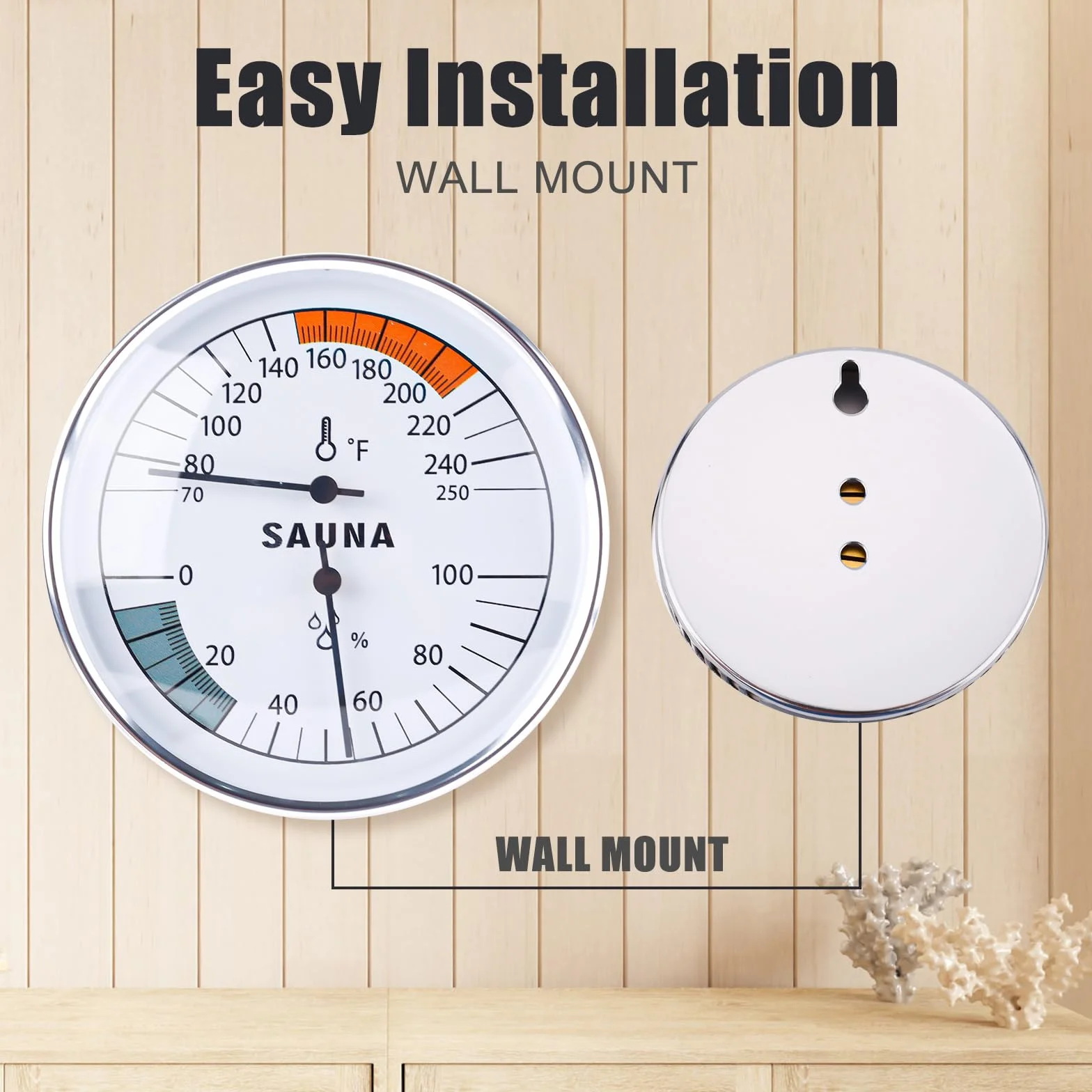 BOXOB Termómetro para Sauna, 2 en 1 Termómetro para Sauna en Grados Fahrenheit e Higrómetro Montaje en Pared para Sala de Sauna Monitor de Temperatura y Humedad Interior Sauna de Vapor Accesorios