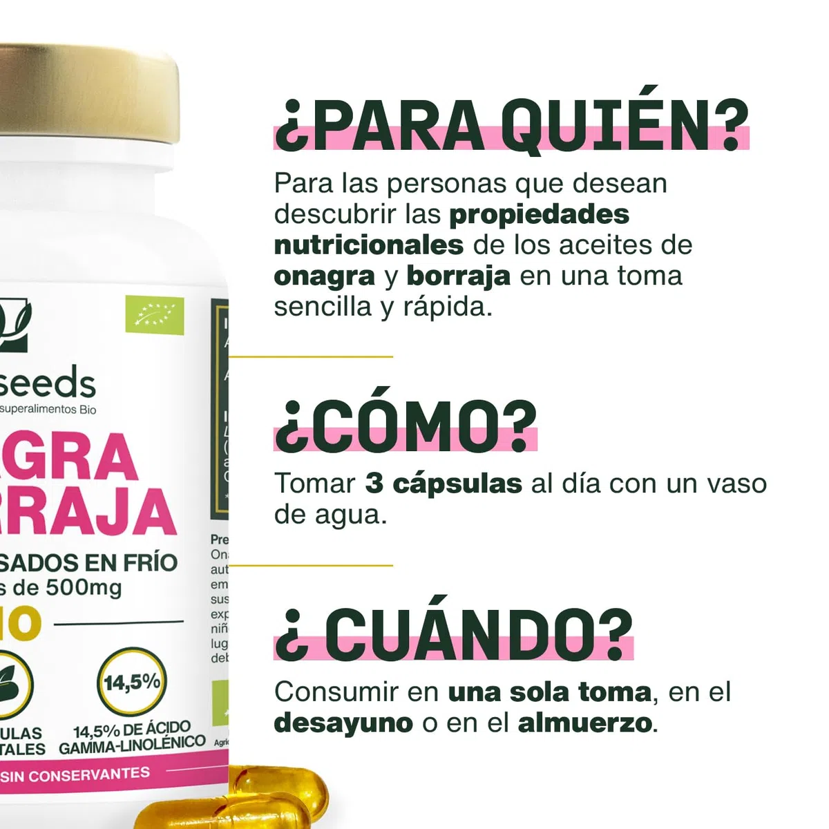 Aceite de Onagra y Borraja BIO | Primera presión en frío | 14,5% de ácido gamma-linolénico | 90 cápsulas vegetales, veganas | Primera Superior