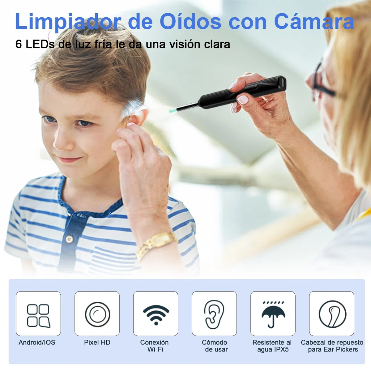 Kit inalámbrico de limpieza de oídos, limpiador de oídos con otoscopio con cámara HD, carga USB, kit de limpieza visual de oídos con 6 LED para el cuidado familiar