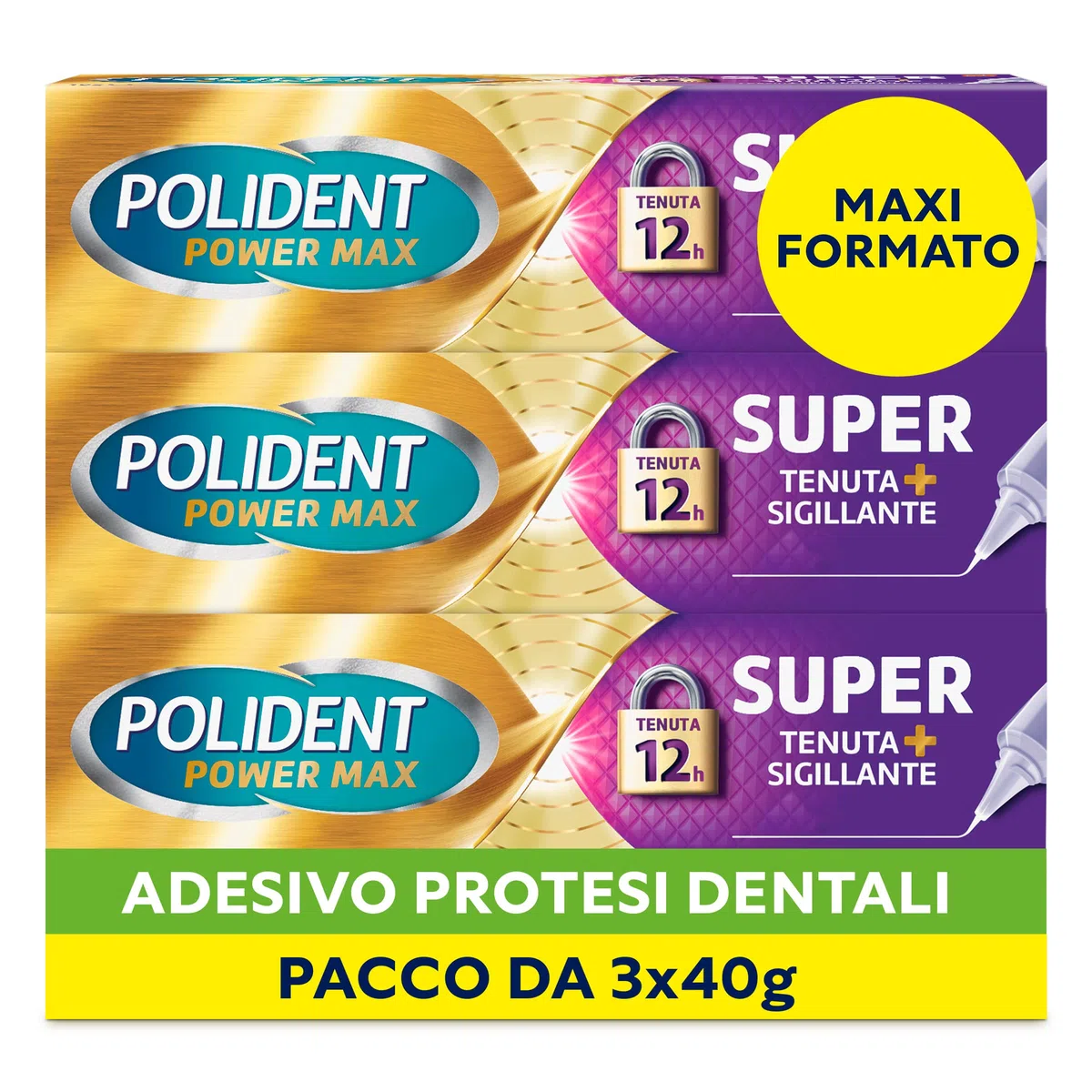 Polident Super sellado + sellador, adhesivo para prótesis dental, 12 horas de duración diaria, sabor neutral, paquete de 3 x 40 g