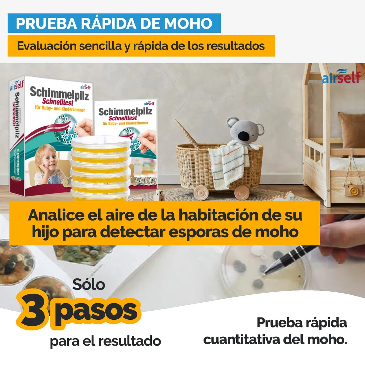 Prueba de moho segura para bebés – Test rápido de hongos en interiores para habitaciones infantiles y aire limpio
