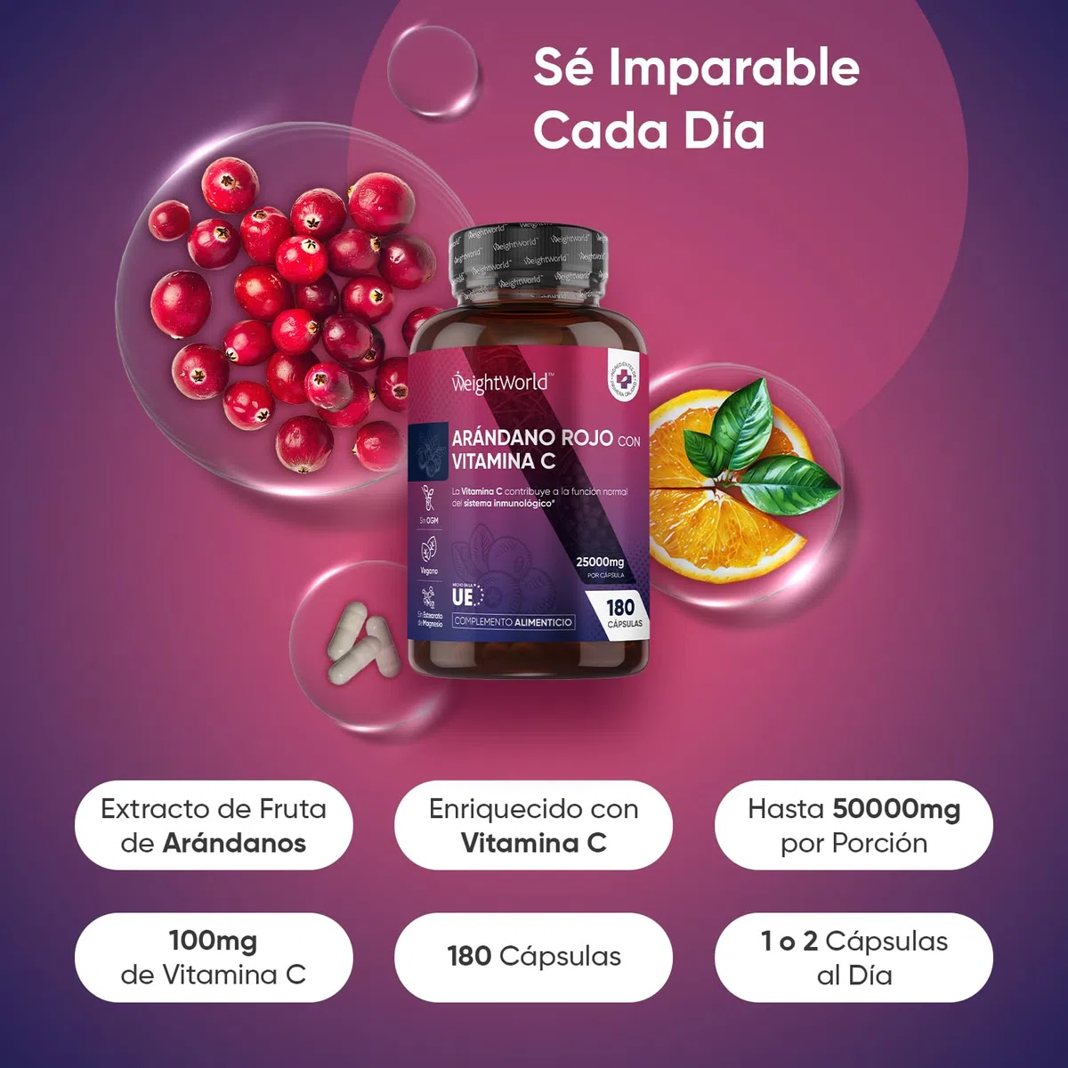 Arándano Rojo 25000mg, 180 Cápsulas Veganas, 6 Meses de Suministro - Enriquecido con Vitamina C que Contribuye al Funcionamiento Normal del Sistema Inmune (EFSA), Sin Estearato de Magnesio ni OGM