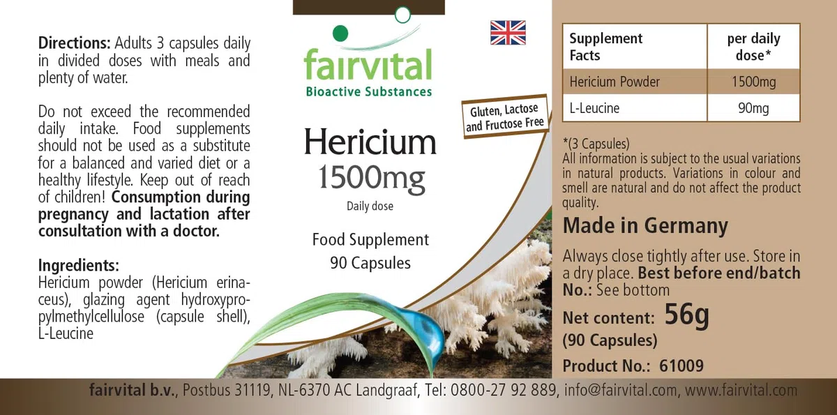 fairvital Hericium 1500mg, 90 cápsulas, fáciles de tragar, 1500mg de Hericium al día, ALTA DOSIS, Hericium erinaceus, VEGANO