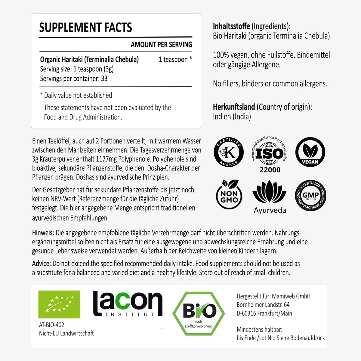 Polvo orgánico Haritaki, calidad premium, Haritaki Club | probado en laboratorio y certificado ecológico de la UE | Terminalia Chebula | Vegano, Kosher, Halal 100% natural 18.96