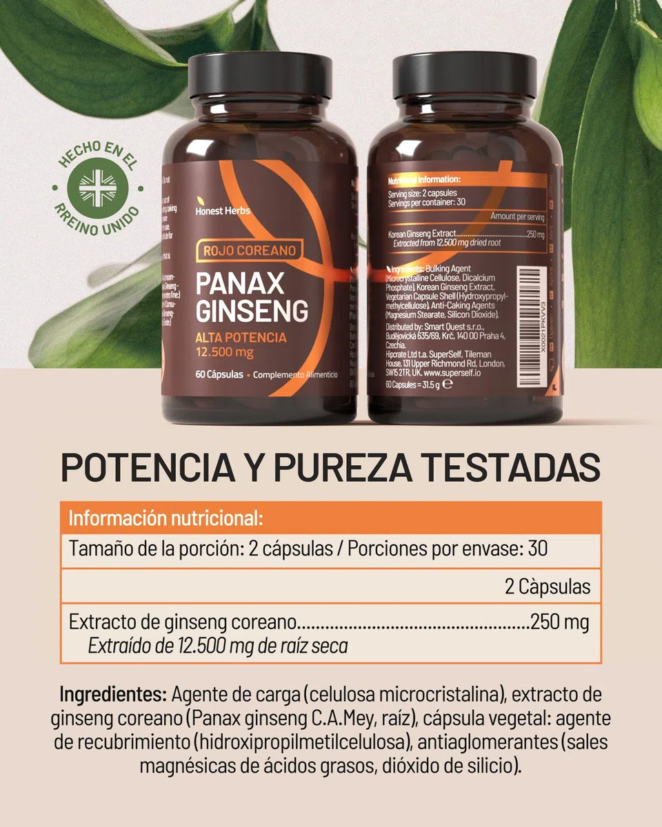 Ginseng Rojo Coreano 12,500 mg - Panax Ginseng con 20% de Ginsenósidos - Alta Concentración - 60 Cápsulas - Vegano