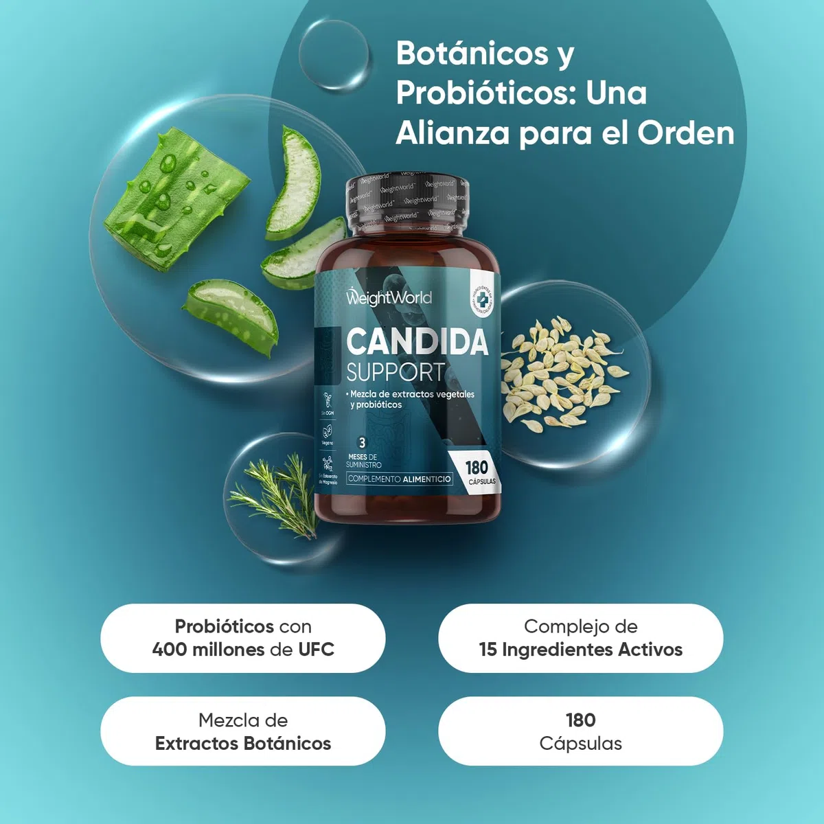 Probióticos para Flora Íntima Candida Support 180 Cápsulas Veganas con Lactobacillus Acidophilus, Bifidobacterium Bifidum, Zinc, Ácido Caprílico, Aloe Vera y Más para 3 Meses