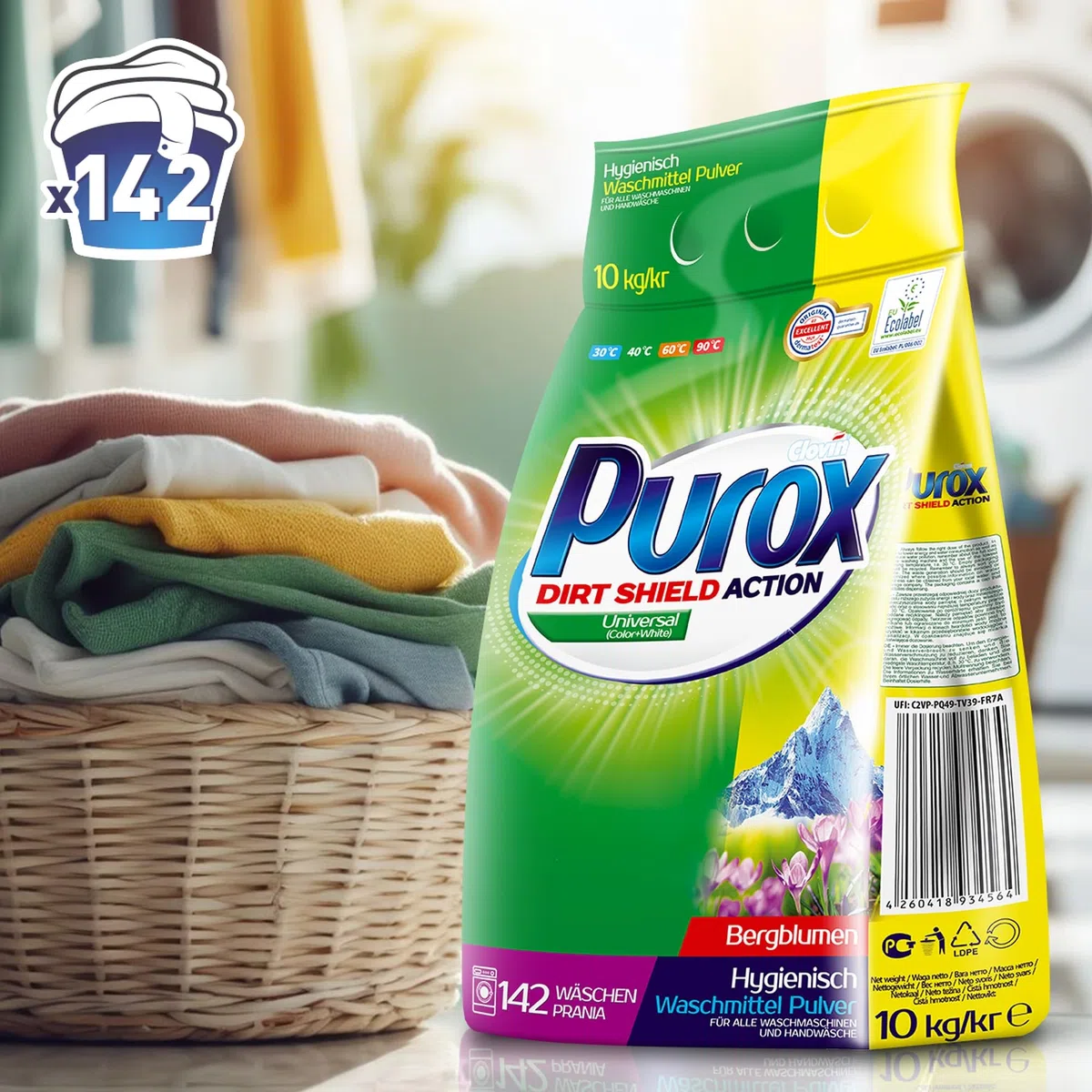 PUROX UNIVERSAL Detergente Lavadora Polvo en bolsa (142 Lavados) – para todo tipo de tejidos, elimina manchas, ecológico, protege contra la cal, 10 kg