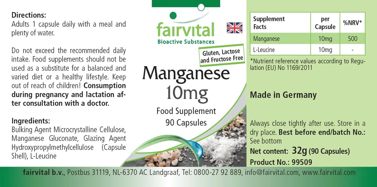 Fairvital | Manganeso 10mg - Dosis elevada - VEGANO - Oligoelemento esencial - 90 Cápsulas - Calidad Alemana