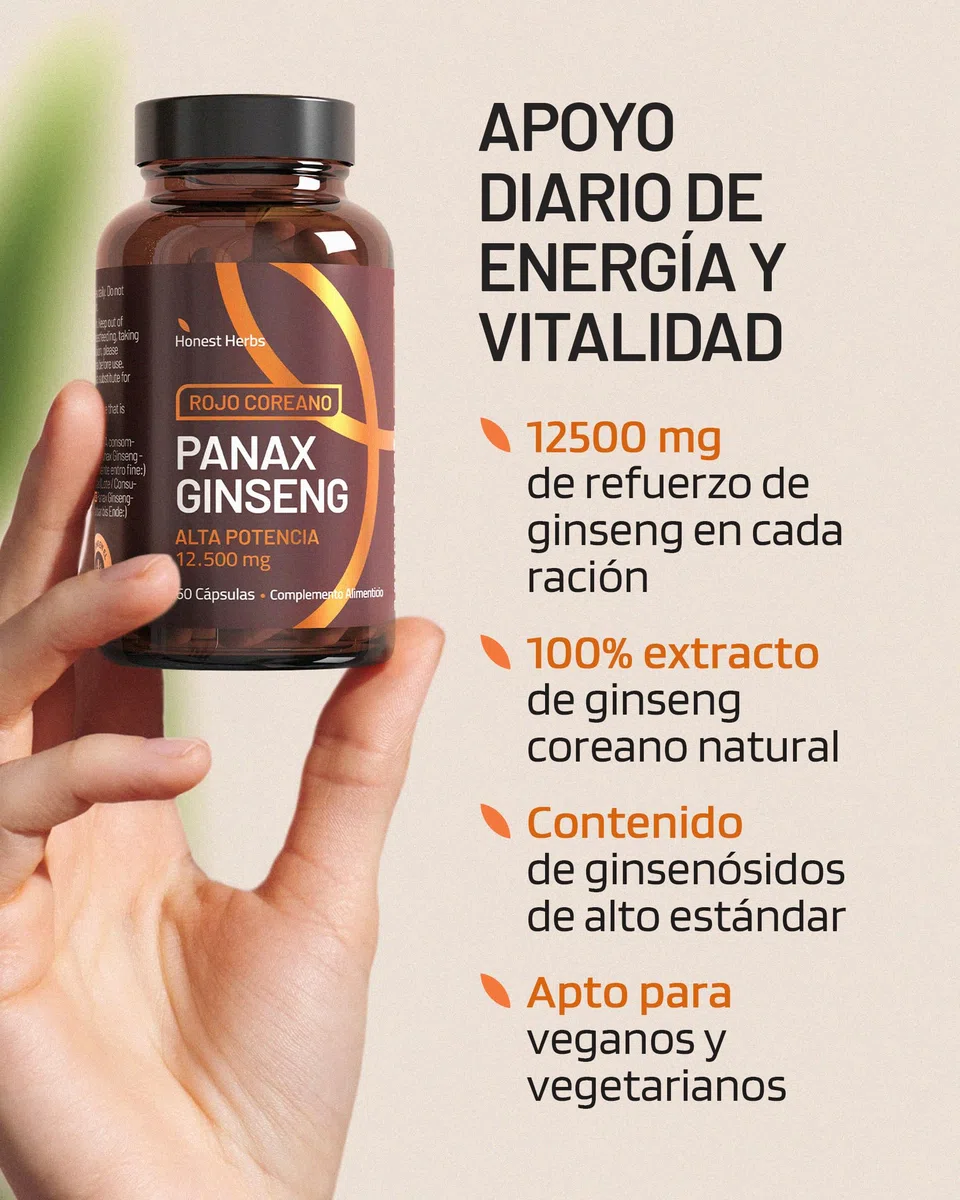 Ginseng Rojo Coreano 12,500 mg - Panax Ginseng con 20% de Ginsenósidos - Alta Concentración - 60 Cápsulas - Vegano