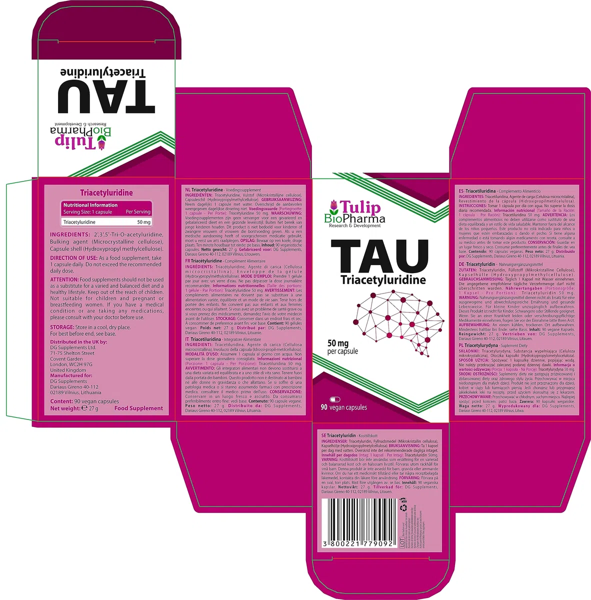 Tau (triacetiluridina) 50 mg 90 cápsulas veganas, probado en laboratorio de terceros, suplemento de alta resistencia
