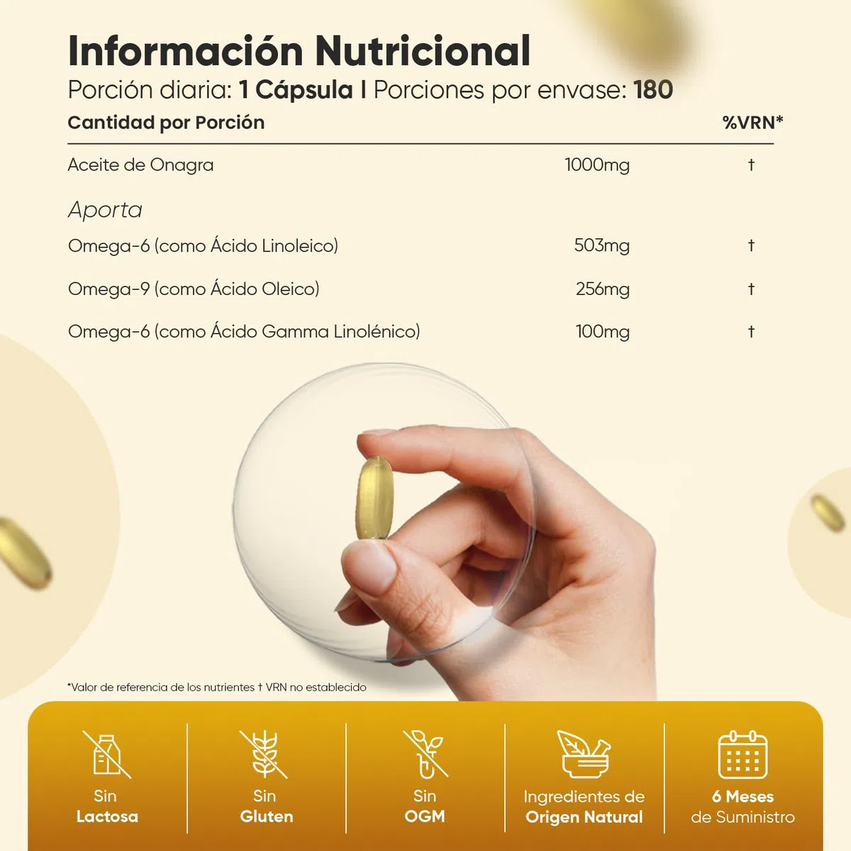 Perlas de Aceite de Onagra 1000mg - 180 Cápsulas, Fuente Natural de Omega 6 y 9 - El Ácido Linolénico Contribuye a Mantener Niveles Normales de Colesterol en Sangre (EFSA) - Prensadas en Frío, Vegano