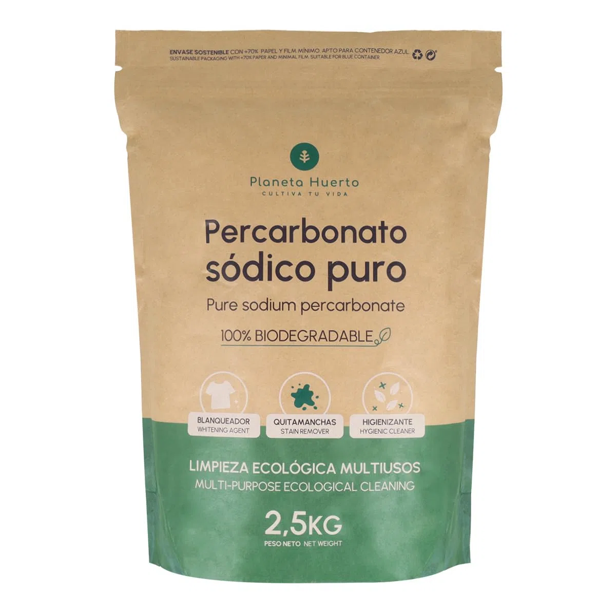 PLANETA HUERTO | Percarbonato Sódico Ecológico 2,5 kg – Percarbonato Blanqueador, quitamanchas e higienizante natural, limpieza sostenible para ropa blanca, superficies y hogar sin tóxicos