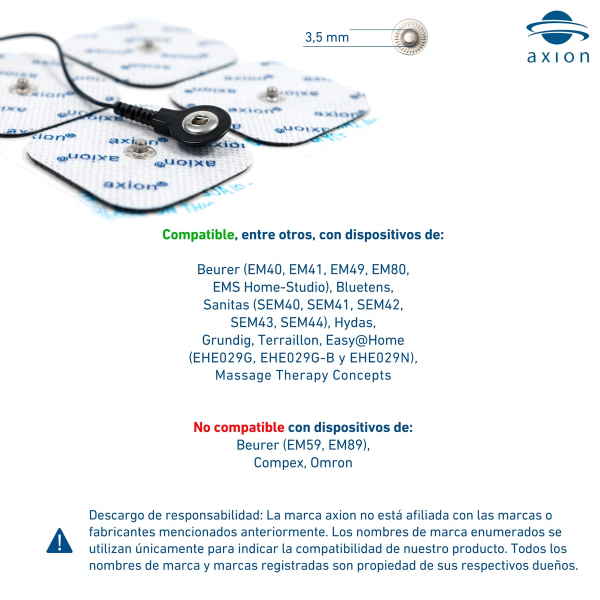 20 electrodos axion de 5x5 cm | Compatibles con Beurer y otros electroestimuladores TENS y EMS | Reutilizables y autoadhesivos con conector botón de 3,5 mm