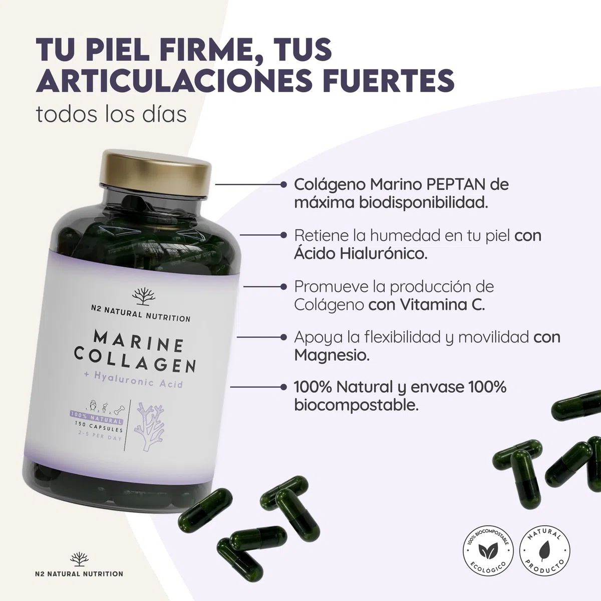 Colageno con Magnesio y Acido Hialuronico. Vitamina C. 150 Cápsulas Suministro 75 días. Alta Concentración. Cuidado de Articulaciones, Piel y Huesos. Colágeno Marino PEPTAN. CE.N2 Natural Nutrition