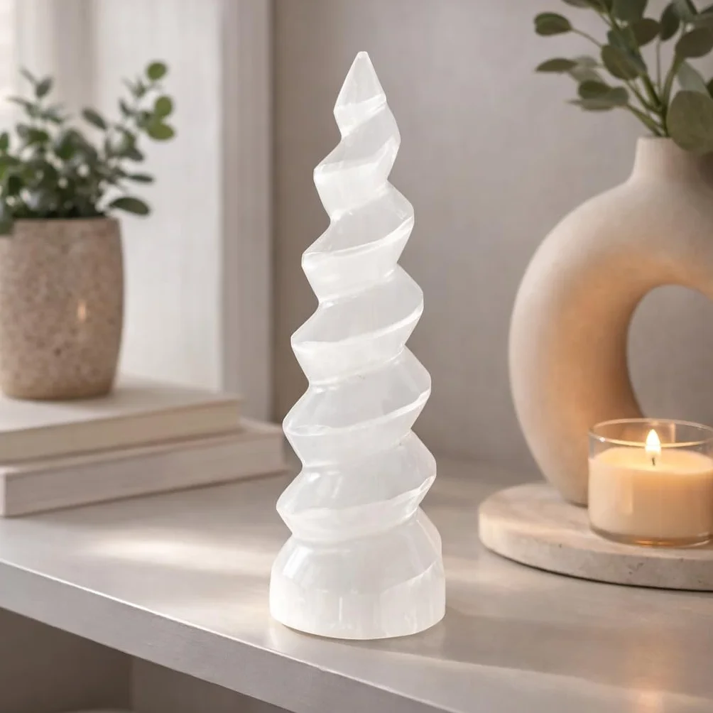 NKlaus Torre de selenita en espiral, 14 cm, piedra curativa para meditación, equilibrio de chakras y energía espiritual, decoración elegante y piedra protectora