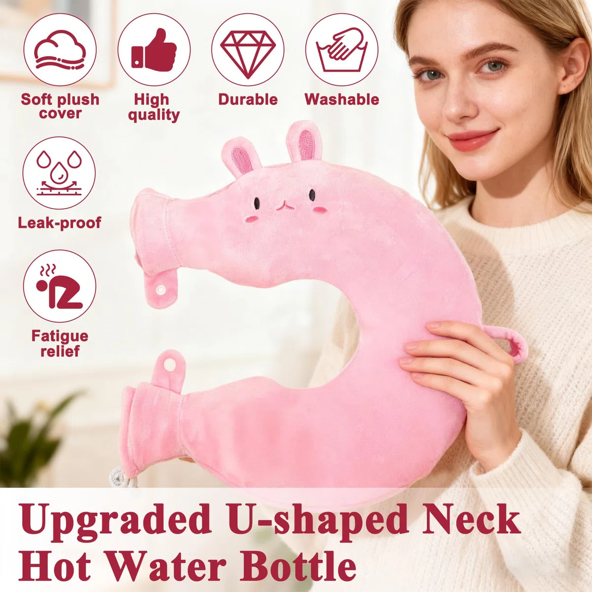 VEEKAY Botella de Calor para Cuello,1L Bolsa Agua Caliente Cuello,Bolsa de Agua Caliente Peluche en Forma de U,Funda Extraíble y Lavable,para Hogar Familia Hombres Mujeres Adultos,Regalo de Invierno