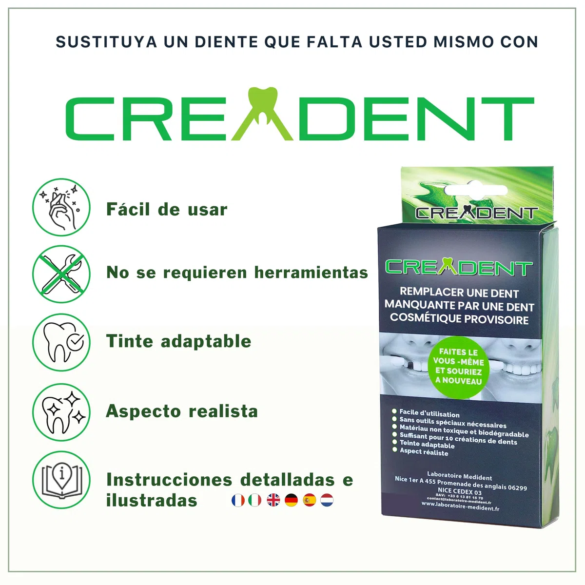 CREADENT Kit para remplazar un diente faltante por un diente cosmético provisional.CREADENT Blanco